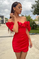 Off shoulder pleated red short Homecoming Dresses